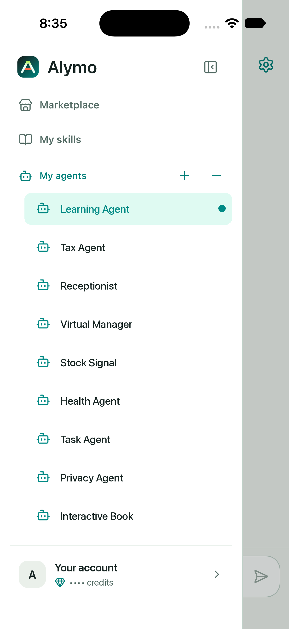 Adapted Alymo app screenshot with Learning Agent selected in the featured agent list